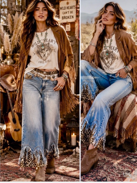 Oh Denim - 🆕 Oli & Hali Washed Denim Double Waist Jeans Leopard trim Wide-Leg 
NWOT